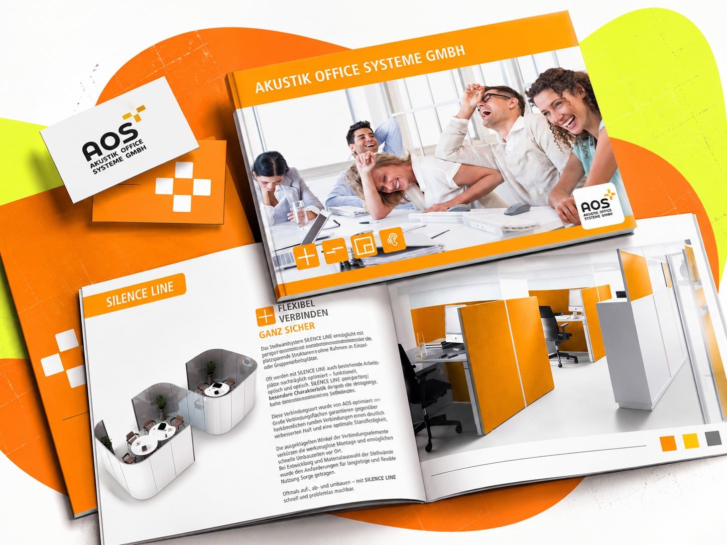 Visitenkarte, Logo und aufgeschlagene Imagebroschüre von Akustik Office Systeme in Orange und Weiß, mit lachenden Mitarbeitenden auf dem Cover und den SILENCE LINE Stellwandsystemen im Innenteil